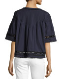 Pintucked Poplin Eyelet Top