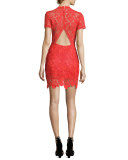 Mon Amour Short-Sleeve Fitted Lace Mini Dress, Red