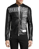 Greek Key Leather Cafe Racer Jacket, Black