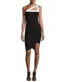 One-Shoulder Asymmetric-Hem Dress, Black/White