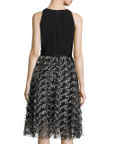 Sleeveless Crepe & Embroidered Mesh Cocktail Dress, Black/Pewter