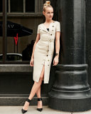 Short-Sleeve Button-Front Sheath Dress, Straw