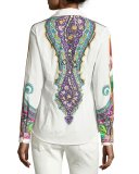 Paisley & Ikat Cotton Blouse, White/Green