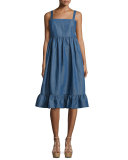 Empire-Waist Denim Tank Dress, Pale Blue