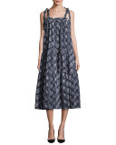 Floral Tie-Strap Tiered Midi Dress, Navy