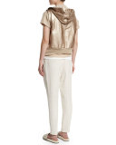 Metallic-Leather Hooded Utility Vest, Rose Gold