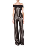 Danielson Off-the-Shoulder Peplum Jumpsuit, Gunmetal/Black