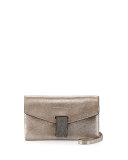 Metallic Leather Monili Clutch Bag/Wallet on Strap, Silver