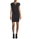 Karmen Cap-Sleeve Lace-Up Dress, Black