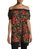 Off-The-Shoulder Rose Embroidered Peasant Top