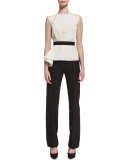 Draped Belted Sleeveless Blouse, Ecru