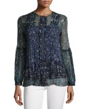 Mitsy Pleated Floral Silk-Chiffon Blouse, Navy
