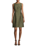 Betsy Check-Matelasse Full-Skirt Dress, Olive