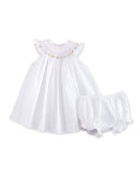 Sleeveless Floral-Trim Bishop Dress w/ Bloomers, White, Size 3-24 Months