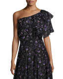 Ruffled One-Shoulder Blouse in Violet-Print, Black/Purple