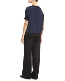Contrast-Trim Silk Tee, Blue/Black