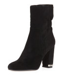 Dolores Ruched Suede Bootie, Black