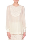 Romantic Embroidery Semisheer Blouse, Ivory