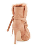 Shearling-Trim Suede 105mm Bootie, Praline
