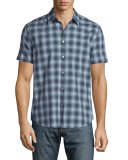 Plaid Short-Sleeve Shirt, Ocean Blue