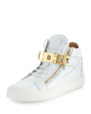 Men's Leather Mid-Top Sneaker w/Link-Bracelet Strap, White