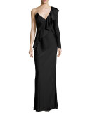Satin Asymmetric Ruffle Gown, Black