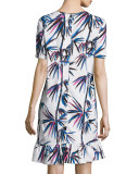 Short-Sleeve Printed Ruffle-Hem Dress, White/Multi