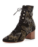 Butterfly-Studded Lace-Up Boot, Black