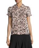 pleated silk chiffon posy grove blouse, neutral