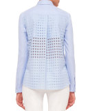 Button-Front Embroidered-Back Blouse, Sky Blue