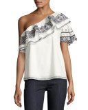 Mary Embroidered One-Shoulder Blouse, White