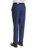 Parker Flat-Front Windowpane Check Trousers, Blue