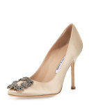 Hangisi Crystal-Buckle Satin 105mm Pump, Champagne