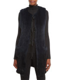 Jill Long Ribbon-Tie Rabbit Fur Vest, Stargazer/Black