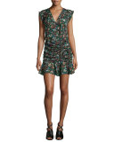 Floral Silk Waterfall Dress, Black/Multicolor