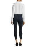 Ruffle-Cuff Silk Blouse, Blanc