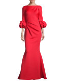 Bubble-Sleeve Crepe Mermaid Gown, Tomato