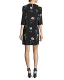 Aubrey Floral-Print Silk 3/4-Sleeve Shift Dress, Black