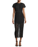 Short-Sleeve Lace Overlay Midi Dress, Black 