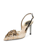 Crystal-Embellished Lace Slingback Pump, Beige/Black