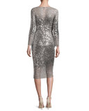 Sequined 3/4-Sleeve Illusion Midi Dress, Silver