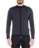 Tipped Zip-Up Wool Cardigan, Navy