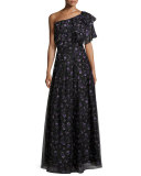 Violet-Print Organza Ball Skirt, Black/Purple 