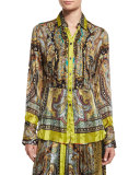 Pleated Paisley Button-Front Tunic, Citrine
