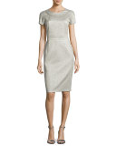 Metallic Jacquard Cap-Sleeve Sheath Dress, Silver