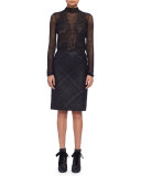 Braided-Front Leather Pencil Skirt, Black