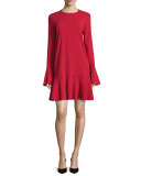 Marah Long-Sleeve Drop-Peplum Dress, Dark Vermillion