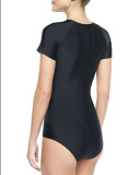 Short-Sleeve Zip Swimsuit, Black
