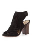 Elaine Fringe Chunky-Heel Sandal, Black