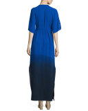 Short-Sleeve Dip-Dyed Silk Maxi Dress, Cobalt/Navy